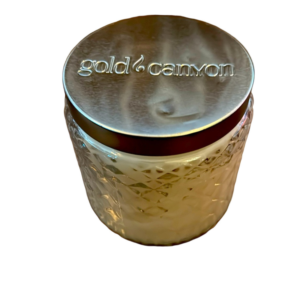 Gold Canyon Textured White Candle with Silver Lid Scented Natural Cotton
